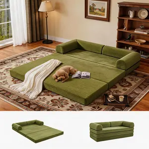 Longevfot Compact Boneless Corduroy Sofa Bed 4-in-1 Multifunctional Foldable Floor Couch Convertible Futon Sofa with L-Shaped Armrests Sleeper Mattress Chair Bed Comfy Portable Lounge Pet Seat for Small Apartments Living Room Bedroom No Assembly Required