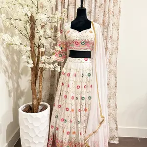 White Lehenga Set with Floral Embroidery and Matching Blouse Women's Fashion