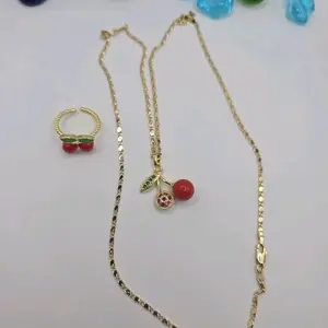 MOTHER'S DAY beautiful set cherry style necklace gold-plated 24"inches GOLD-PLATED  ring adjustable
