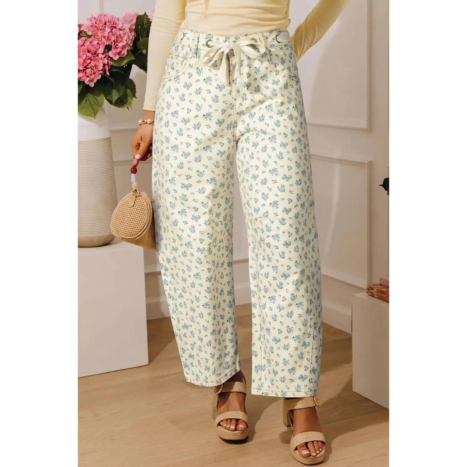 Grommet Knot Waist Floral Barrel Leg Jeans