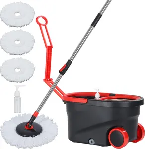Spin Mop Bucket Set with 3pcs Microfiber Heads, Adjustable Extendable Rod, Movable Wheels - Stainless Steel & PP Material for Home Cleaning