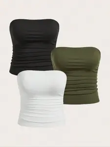 [Plus Size] Solid Knitting Ruched Tube Top, Casual Comfy Breathable Strapless Fitted Top for Daily Wear, Womenswear for All Seasons