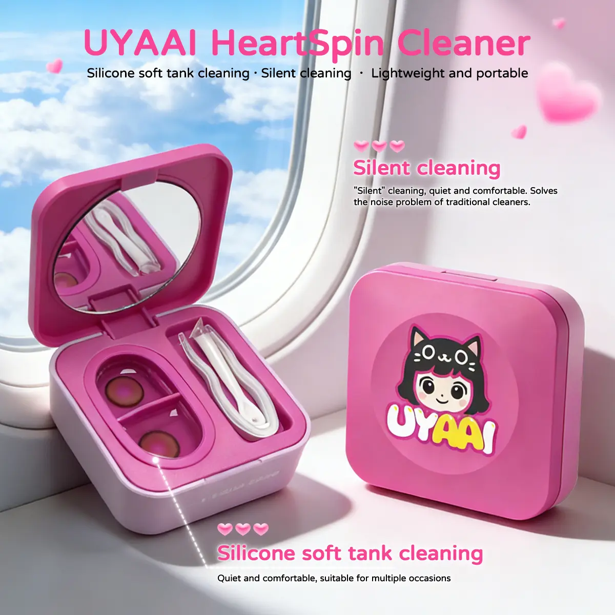 Electric Contact Lens Cleaner & Storage Case, Automatic Vibrating Tool for Deep Lens Cleaning, Heartbeat Series Design for Eye Care