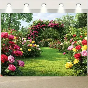 1pc Polyester Spring Backdrop Banner - Colorful Flower Design, Birthday Party Decor, Photo Studio Prop