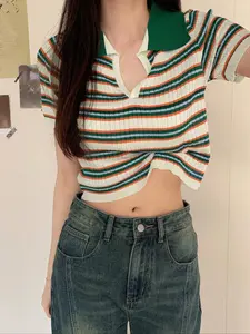 Summer Fresh Stripe Short Sleeve Fitted Pullover Sweater for Women, Casual Knit Top for Stylish Comfort, Ideal for Warm Weather