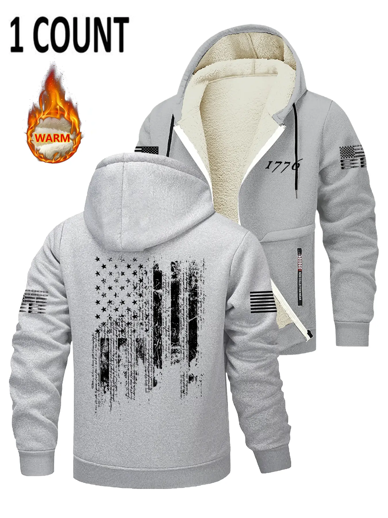 Men's Hot Selling Long Sleeve Knit Hooded Sweatshirt Jacket, Casual Street Sweatshirt, Everyday Zip Up, Zipper Pocket Design, Flag Print, Soft Fleece Lining, Casual Fashion Outerwear