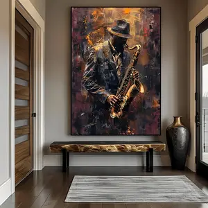 Oversized saxophonist painting - modern abstract jazz music poster in black, gold, red, brown - canvas print wall art decor for living room, bedroom, office - poster for jazz club, music studio - ideal jazz gift for musicians and enthusiasts, bedroom artw