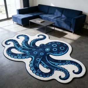 Ocean Theme Irregular Octopus Shaped Plush Carpet, Modern Mediterranean Style Area Rug for Living Room & Bedroom, Easy Clean Washable Soft Mat