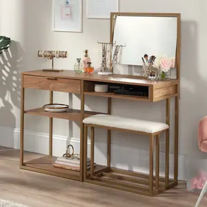 Brown Vanity Table with Storage Drawer & Open Shelf, Chic Metal Frame Makeup Desk for Bathroom, Entryway & Kitchen – Durable Powder-Coated Finish