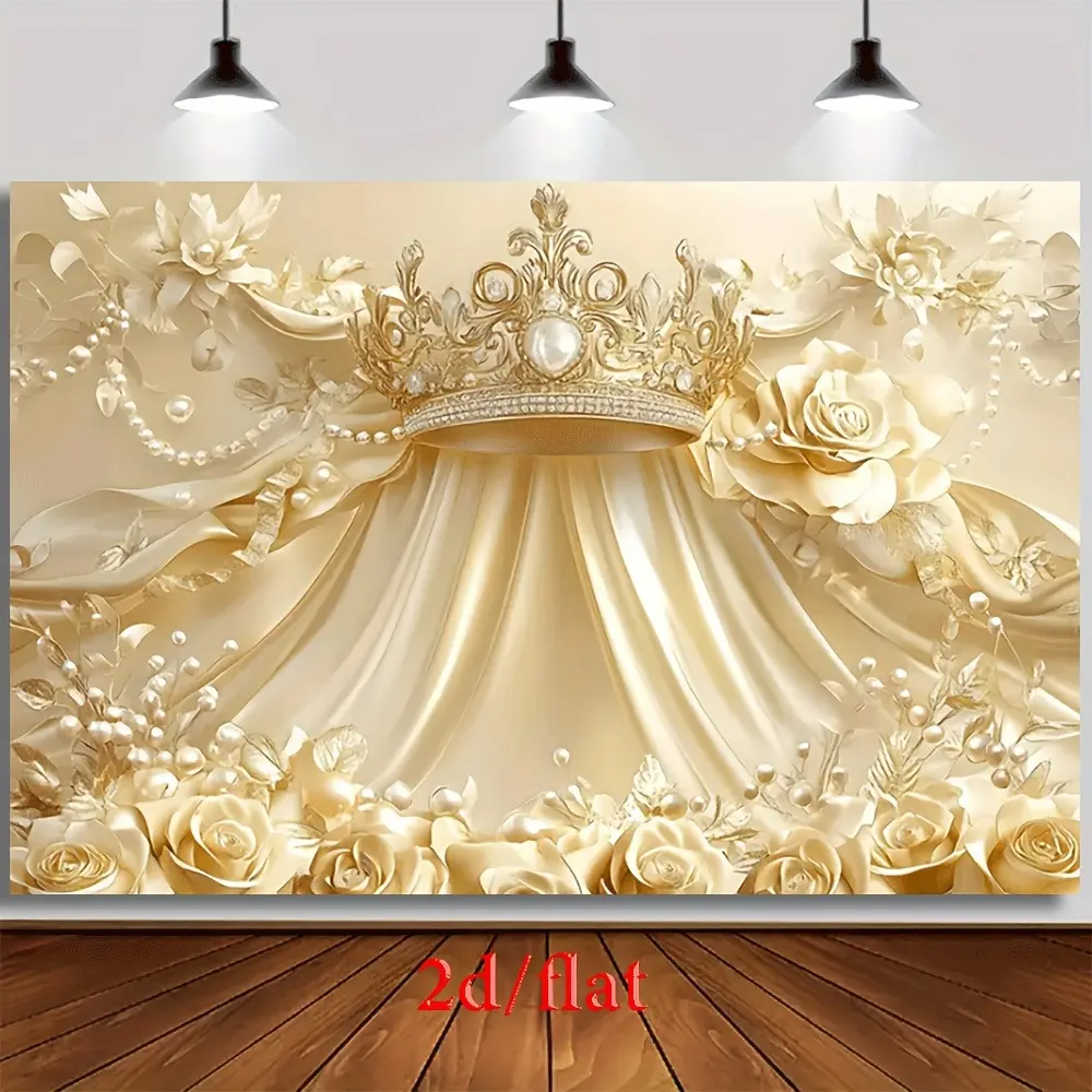 Royal-Themed Opulent Gold Polyester Backdrop - Home Decor Banner with Intricate Crown, Luxurious Silks, Elegant Roses - Wedding Reception Backdrop, Birthday Party Banners, Lightweight