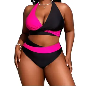 Plus Size Black & Pink Color Block Halter Bikini Set for Curvy Women, Cross Wrap High Waist Triangle Bottom, Figure-Flattering Two Piece Swimwear Perfect for Beach Vacation and Pool Parties