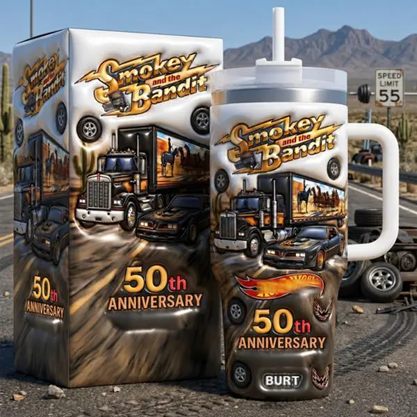 Smokey and the Bandit Anniversary Burt Tumbler With Handle & Straw, Stainless Steel Vacuum Cup, Gift for Car Fans