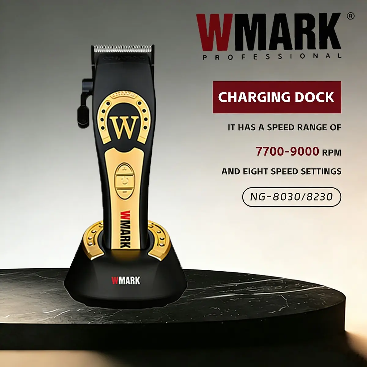 WMARK Professional Hair Trimmer Barber Dedicated Hair Clippers 9000 Rpm Ceramic Blade Electric Hair Cut Machine Adjustable 8 gear RPM adjustment The outer packaging features the Akhal-Teke horse motif. The fuselage has a gold horseshoe mark.