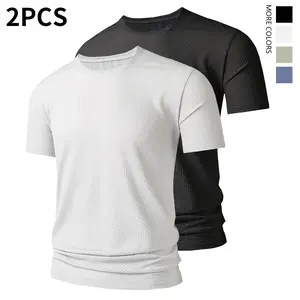 Men's lightweight round-neck T-shirt in summer, made of mesh breathable ice silk material, suitable for fitness and running activities, with durable nylon high elasticity fabric