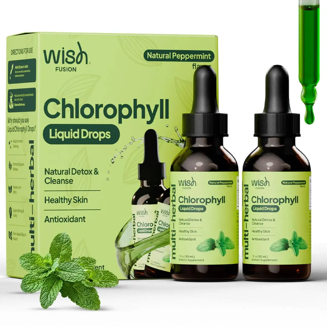 Wish Fusion Liquid Chlorophyll Drops 2 Pack (60ml Each) – Organic Chlorophyll Supplement for Gut Health, Energy, Skin Support & Daily Detox – Vegan, Natural Peppermint Flavor