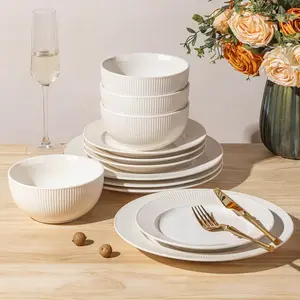 Stoneware Dinnerware Sets for 4, 12 count Ceramic Plates and Bowls Sets, Scratch Resistant Embossed Dish Set, Oven, Microwave & Dishwasher Safe, Reactive White