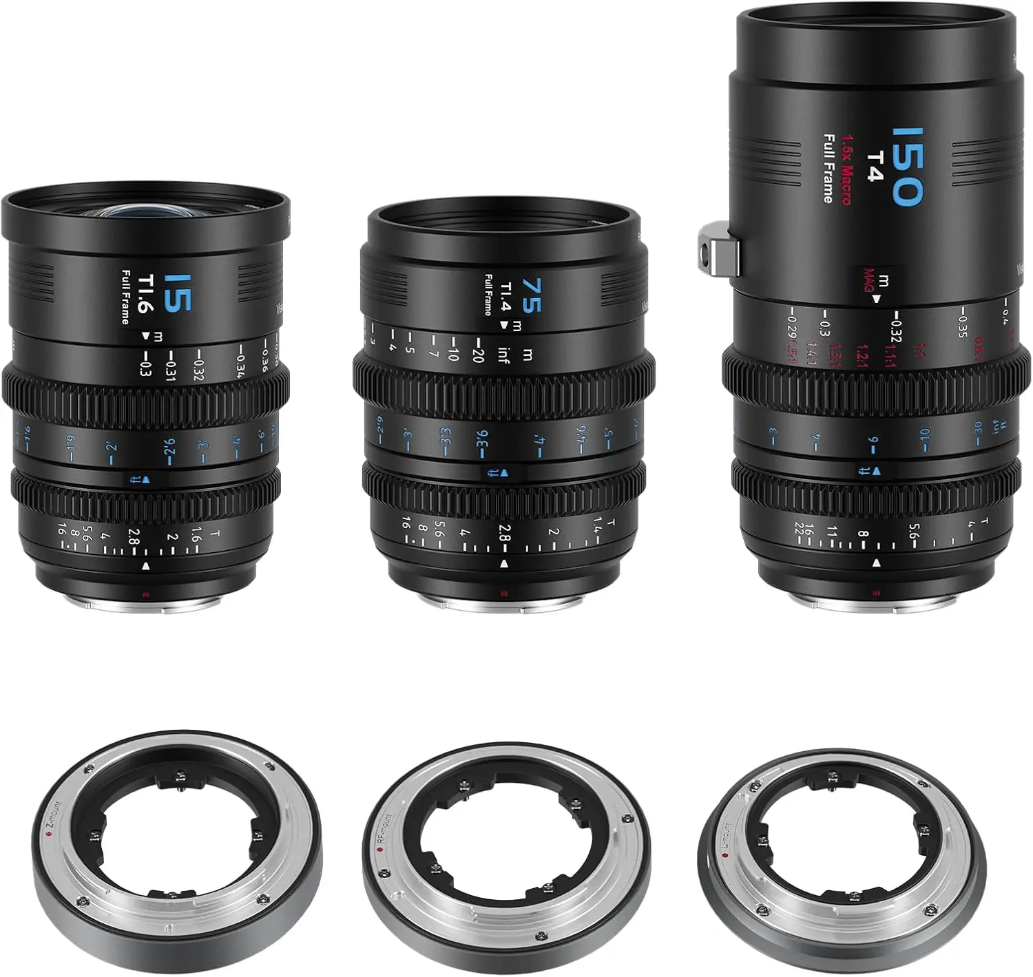 SIRUI VP-1 Vision Prime 1 Series 15/75/150mm Full Frame Cine Lens, Manual Focus Cinema Lens with Pre-Installed E Mount, Interchangeable RF/Z/L Mounts, Black/Metal Gray