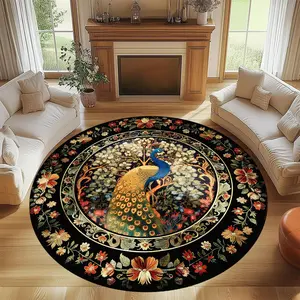 Round Peacock Pattern Floor Mat, Non-slip Soft Floor Carpet, Decorative Area Rug for Home Living Room Bedroom, Round Floral Rug, Home Decor