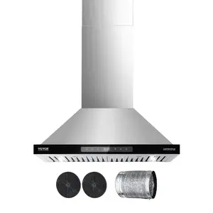 VEVOR Wall Mount Range Hood, 30 inch Chimney-Style Ceiling Mount Vent, 800 CFM Stainless Steel Kitchen Stove Hood with Gesture Touch Control, LED Light, Baffle Filters, Ducted/Ductless Convertible