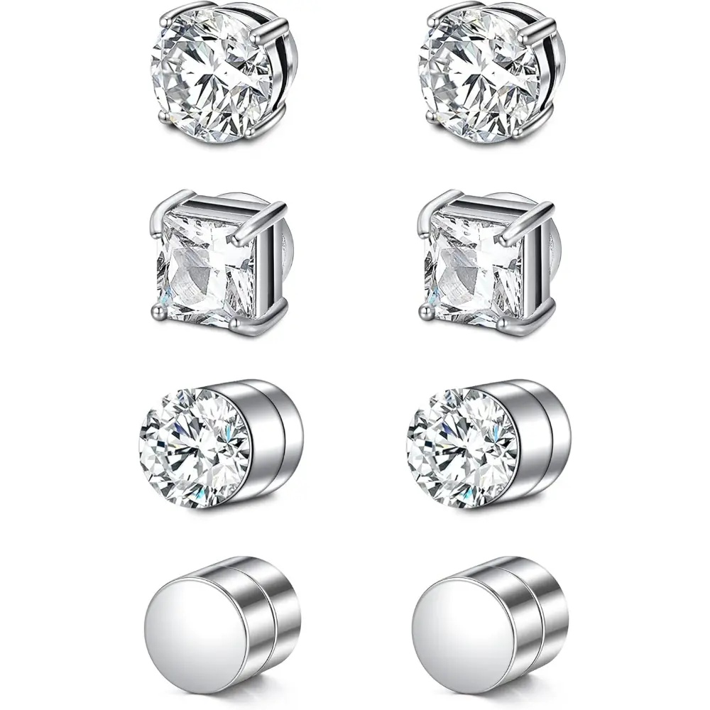 4 Pairs Stud Earrings Fake Cubic Zirconia Diamond Earrings for Women Men Silver