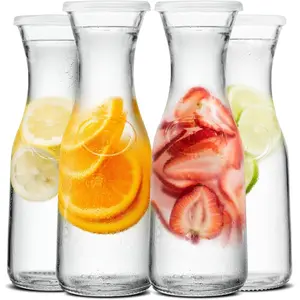 Kook Glass Carafe, Mimosa Bar Supplies, Carafe Pitchers with Lid, Glass Water Pitcher, Drink Dispensers for Parties, Tea, Wine, and Juice, Plastic Lids, Dishwasher Safe, 35 oz (set of 4)