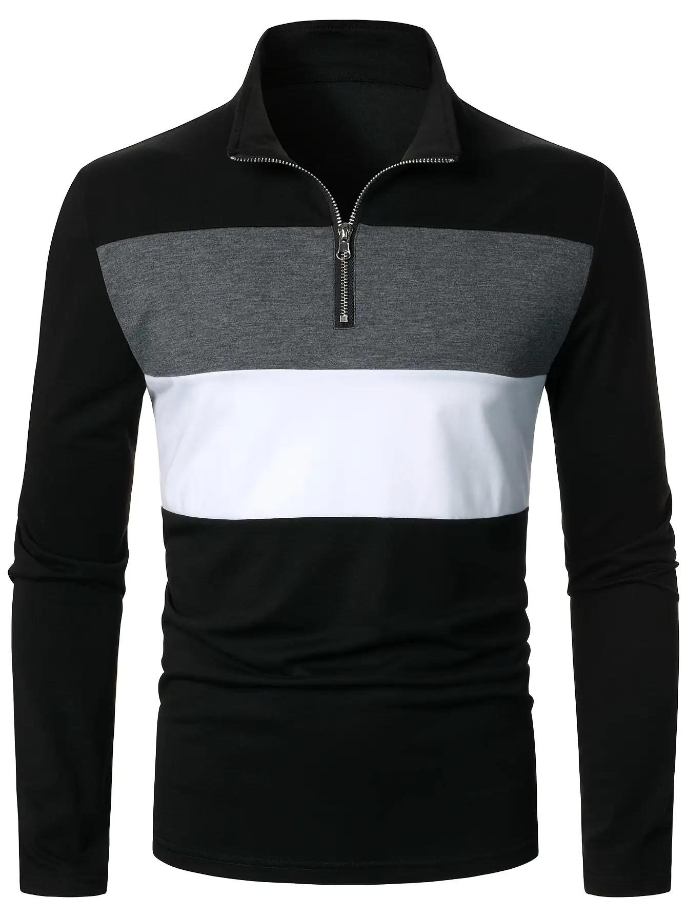 Men's Quarter Zip Polo Shirt Long Sleeve Color Block Pullover Casual Golf Shirt Stand Collar Sweatshirt Tops