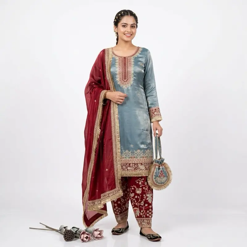 Women's Traditional Indian Punjabi Suit Set - Embroidered Maroon & Blue Kurta with Matching Purse, Original Lady's Festive Wear Clothes, Festive Set, Kurta Suit, Ethnic Casual Dresses, Embroidery, Kurta Set