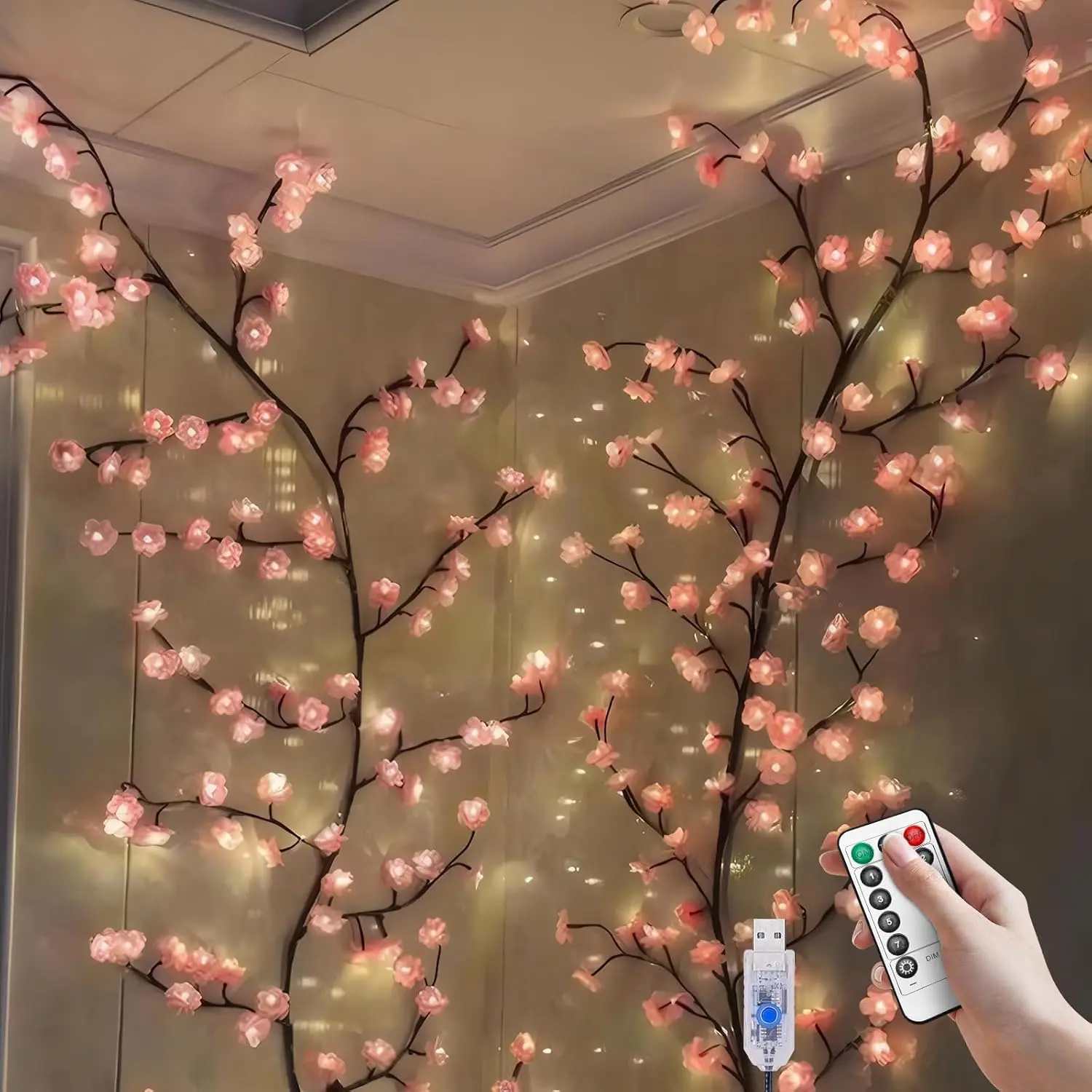Cherry LED Tree Branch Lights for Wall, Cherry Blossom Willow Vine Twig Decor Garland with 72 LED Lights and Remote,8 Lighting Modes,Christmas Decorations Indoor for Home Wall Door Window  (70FT)