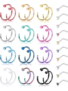 Gorgeous 34 Pcs Colorful Nose Studs Rings Surgical Steel 20G Nose Ring Hoops for Women Men Stylish Nose Studs L Shaped Nose Piercing Jewelry Colorful Nose Hoops Septum Ring Cartilage Helix Piercing Jewelry Set Helix Pierced Ring Rhinestone Nose Ring