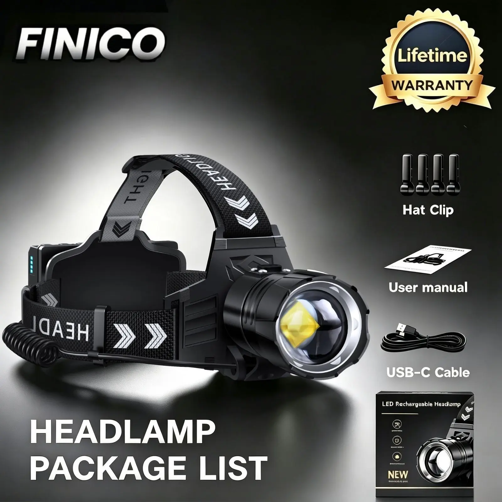 FINICO 99000LM Ultra Bright Rechargeable Headlamp, 95H Battery Life & IPX7 Waterproof & 12 Modes & 125° Adjustable Zoomable Head Light for Camping, Hiking, Running, Fishing, Hardhat & Emergency Tactical Flashlight
