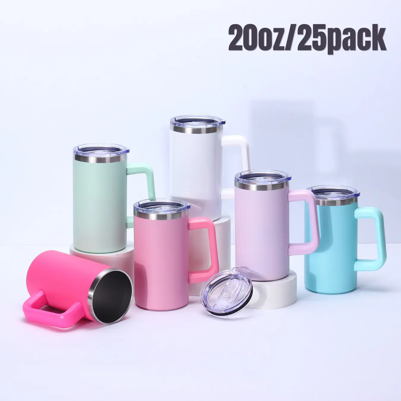 Crafix 25pcs Candy Colored Sublimation Blank 20oz Stainless Steel Reusable Tumbler Mug with Plastic Handle, Lid, Straw, Customizable Personalizable Straw Tumbler Mug, Ideal for Xmas Gifts, Outdoor Use,summerwins