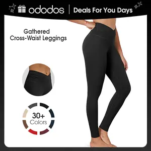 ODODOS Women's Cross Waist 7/8 Yoga Leggings with Inner Pocket 25"/28" Gathered Crossover Workout Pants Sportswear Yoga Attire Activewear 4 Way Stretch Moisture-wicking summerwins