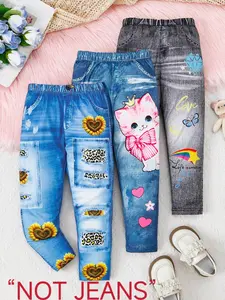 Girl's Cartoon Cat & Sunflower & Unicorn Print Denim-effect Print Elastic Waist Pants, Graphic Pants, Cute Casual Trousers for Spring & Fall, Kids Bottoms for Daily Wear
