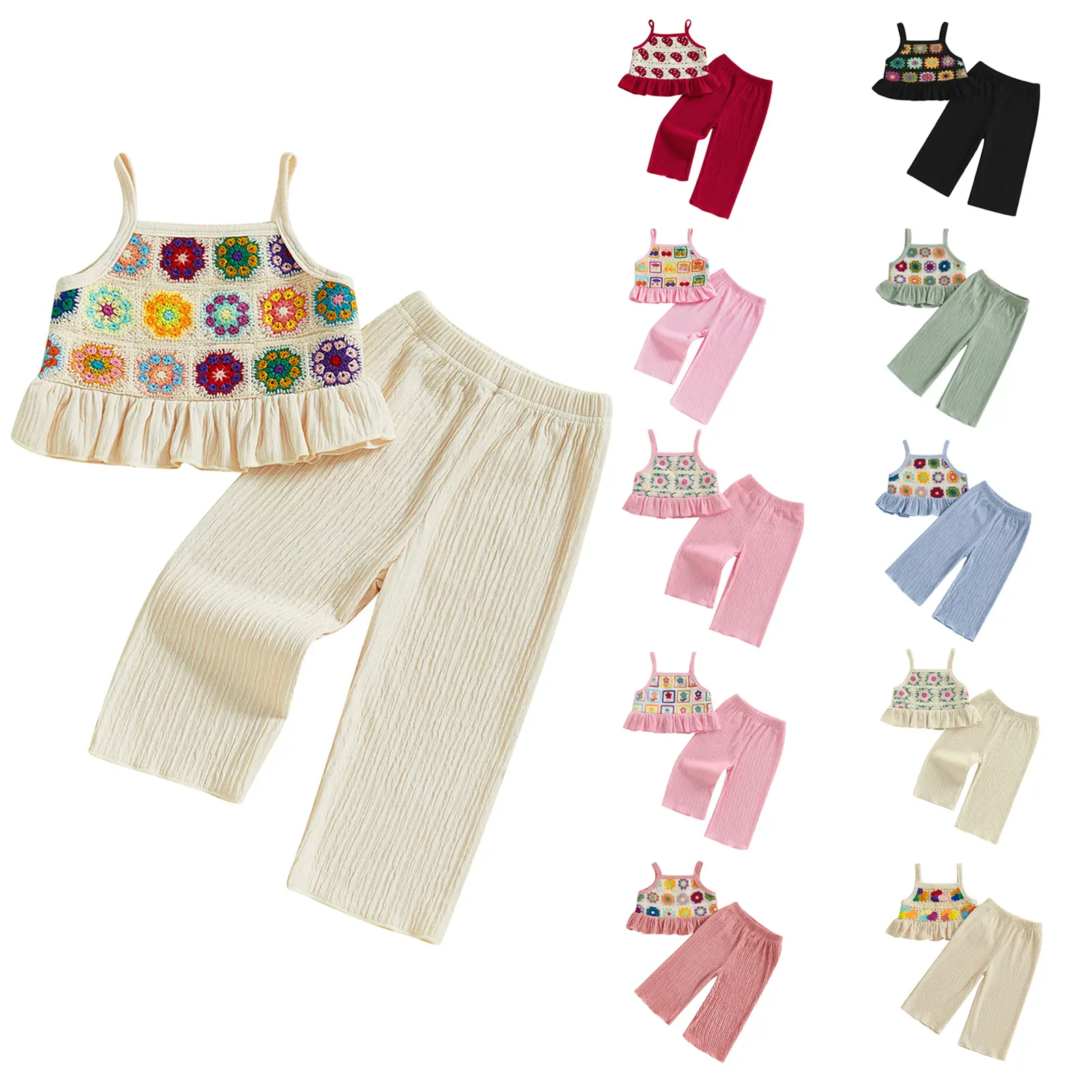Toddler Girls Two Piece Outfits Crocheted Flowers Fruit Ruffled Camisole Tops Elastic Waist Long Pants Baby Children Summer Clothes #Summervibes