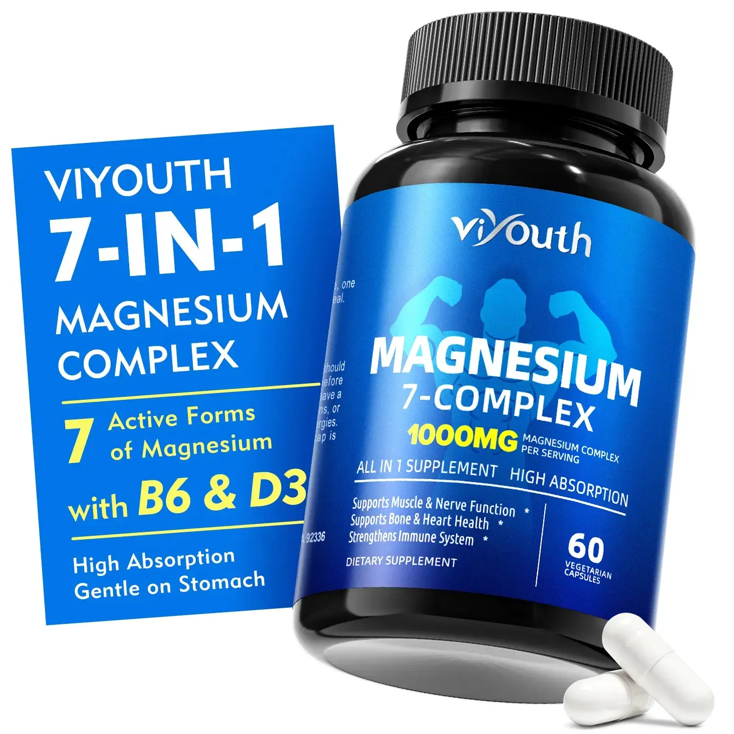 Viyouth 1000mg Magnesium 7-Complex Vegetarian Capsules, High-Absorption Multi-Form Supplement with Zinc, Vitamin B6, Vitamin D3, Daily Adult Wellness Support, 60 Count