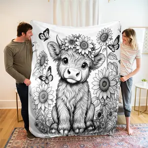 Dyable Highland Cow Wool Blanket—soft and Warm. A Wonderful Gift for Friends and Family, It Can Also Be Used As A Nap Blanket, Sofa Blanket, Camping/travel Multi-functional Blanket, or A Vintage Hand-painted Style Blanket.