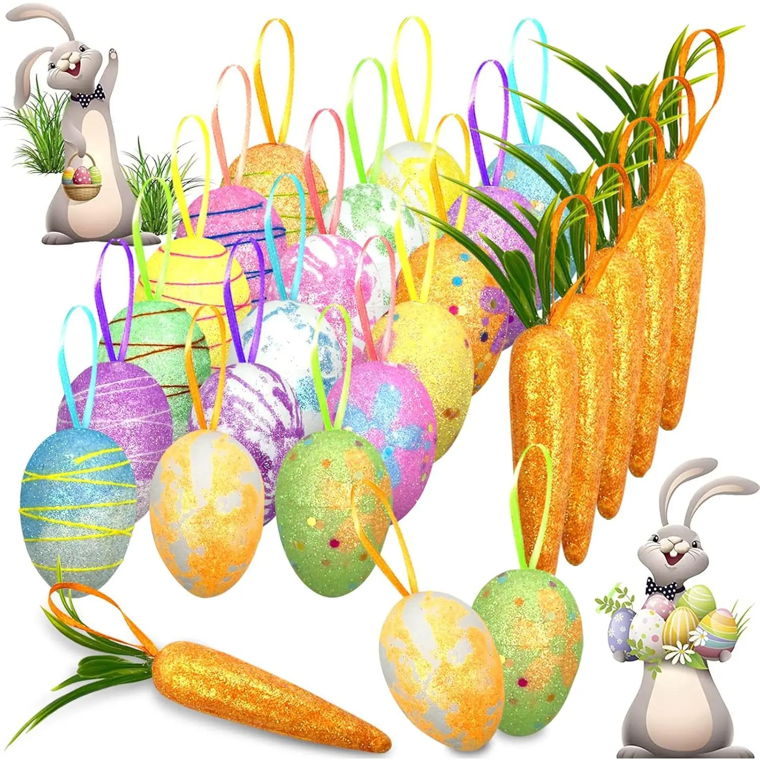 25 PCS Easter Egg Carrot Hanging Ornaments With Green Grass for Tree Basket Decorations Home DIY Crafts