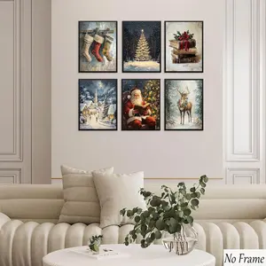 6pcs Vintage Christmas Wall Art, Winter Country Wall Decor, Santa Claus, Pine Tree, Living Room, Bedroom, Reindeer, Christmas Prints