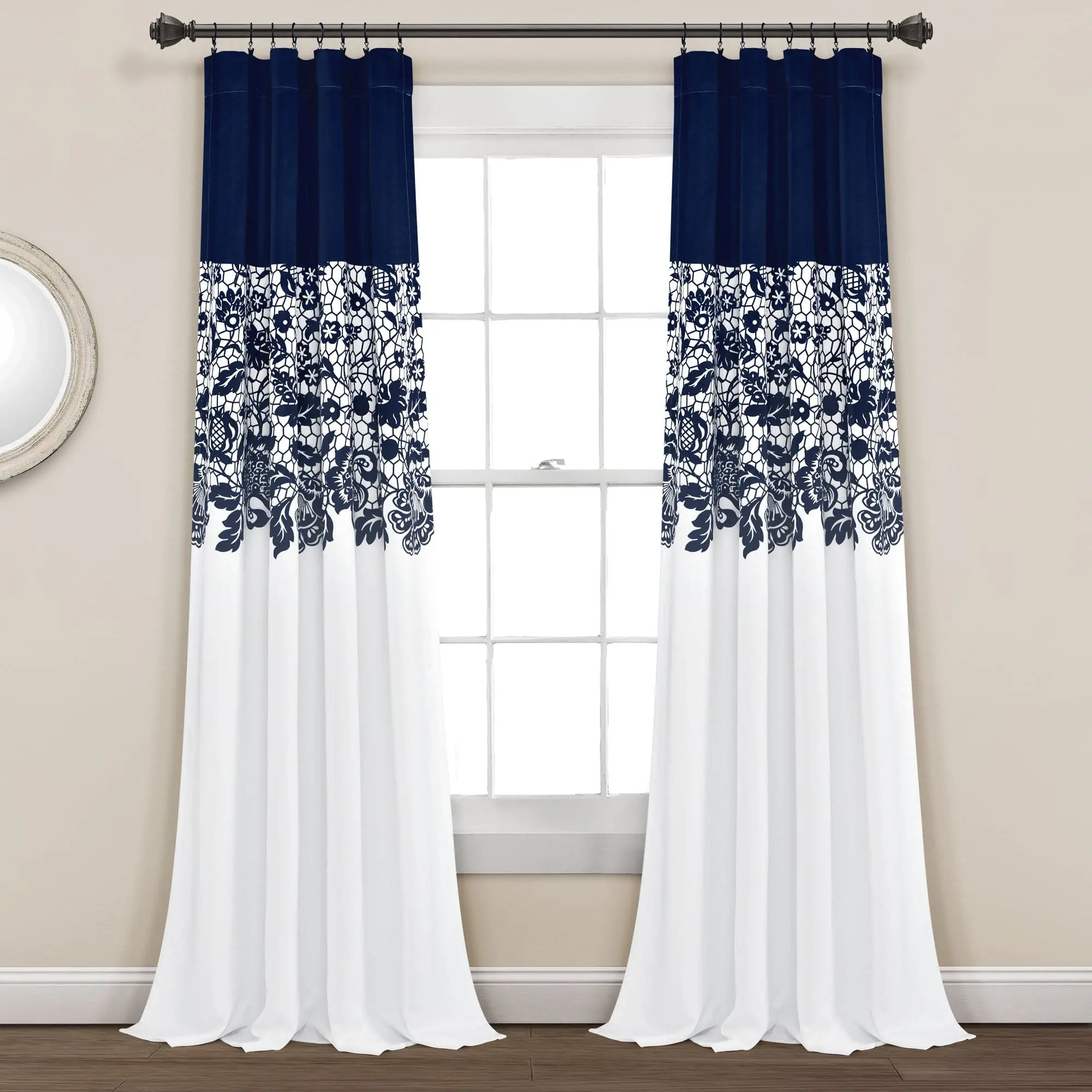 Lush Decor Estate Garden Print Finished Curtain Set - Glam Mature Floral, Color Blocking, 2-Panel, 52"W x 84"/95"L, 100% Polyester, Machine Washable, Rod-Pocket, Room Darkening, Heat Blocking, Curtain for Windows, Living Room Decor