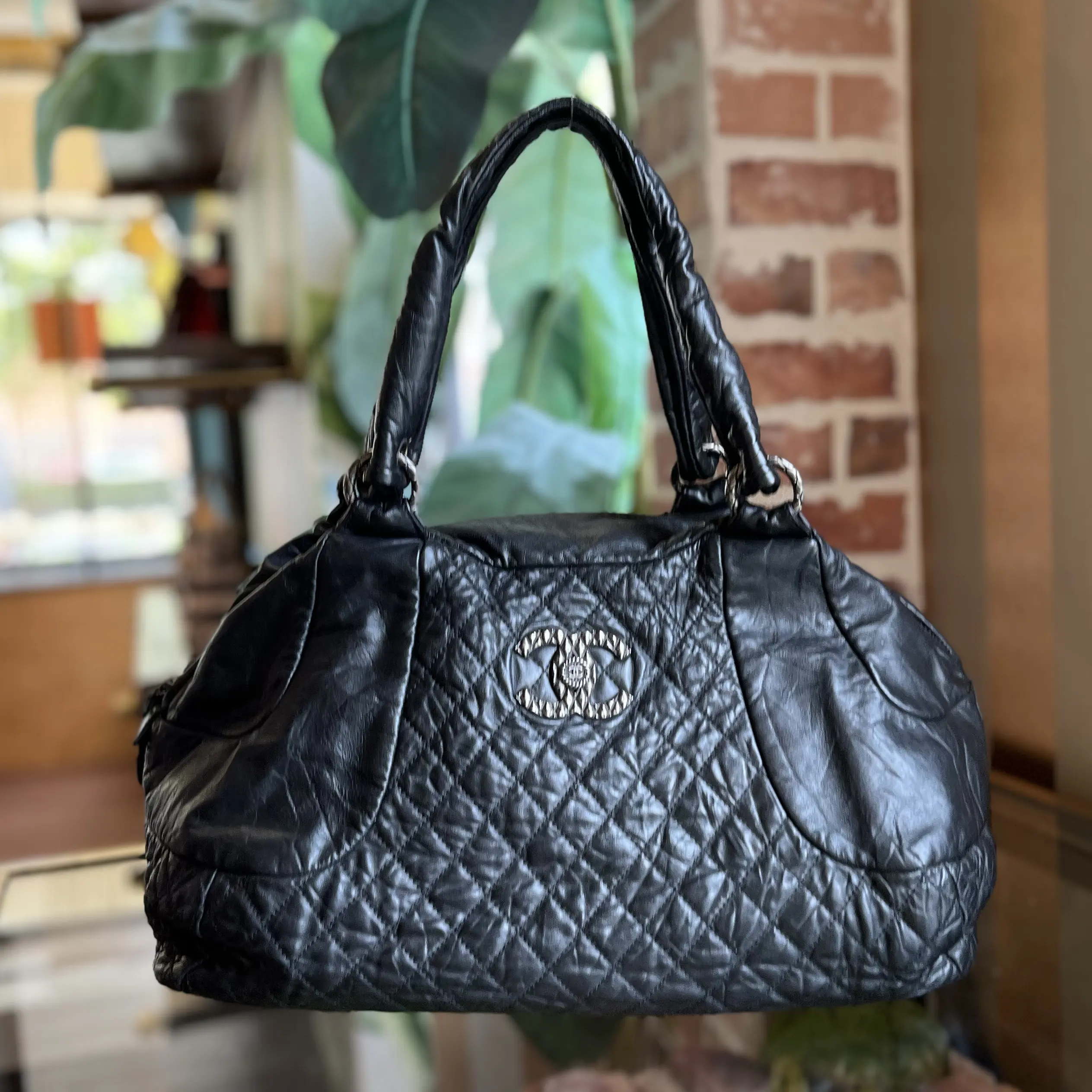 Pre-owned CHANEL leather Shoulder Bags Coco Rider Bowling Black Aged Calfskin Satchel Bag