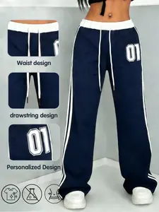 Women’s Dark Navy Printed Wide-Leg Casual Joggers with White Trim and Drawstring High Waist