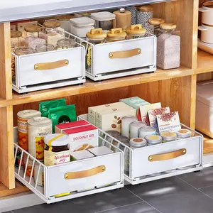 Pull out Cabinet Organizer,Heavy Duty Slide out Pantry Shelves Drawer Storage with Adhesive Nano Film,Sliding Mesh Cabinet Basket with Handle for Kitchen, Bathroom, Home, 11.8W" X 15.7"D X 6.2"H,White