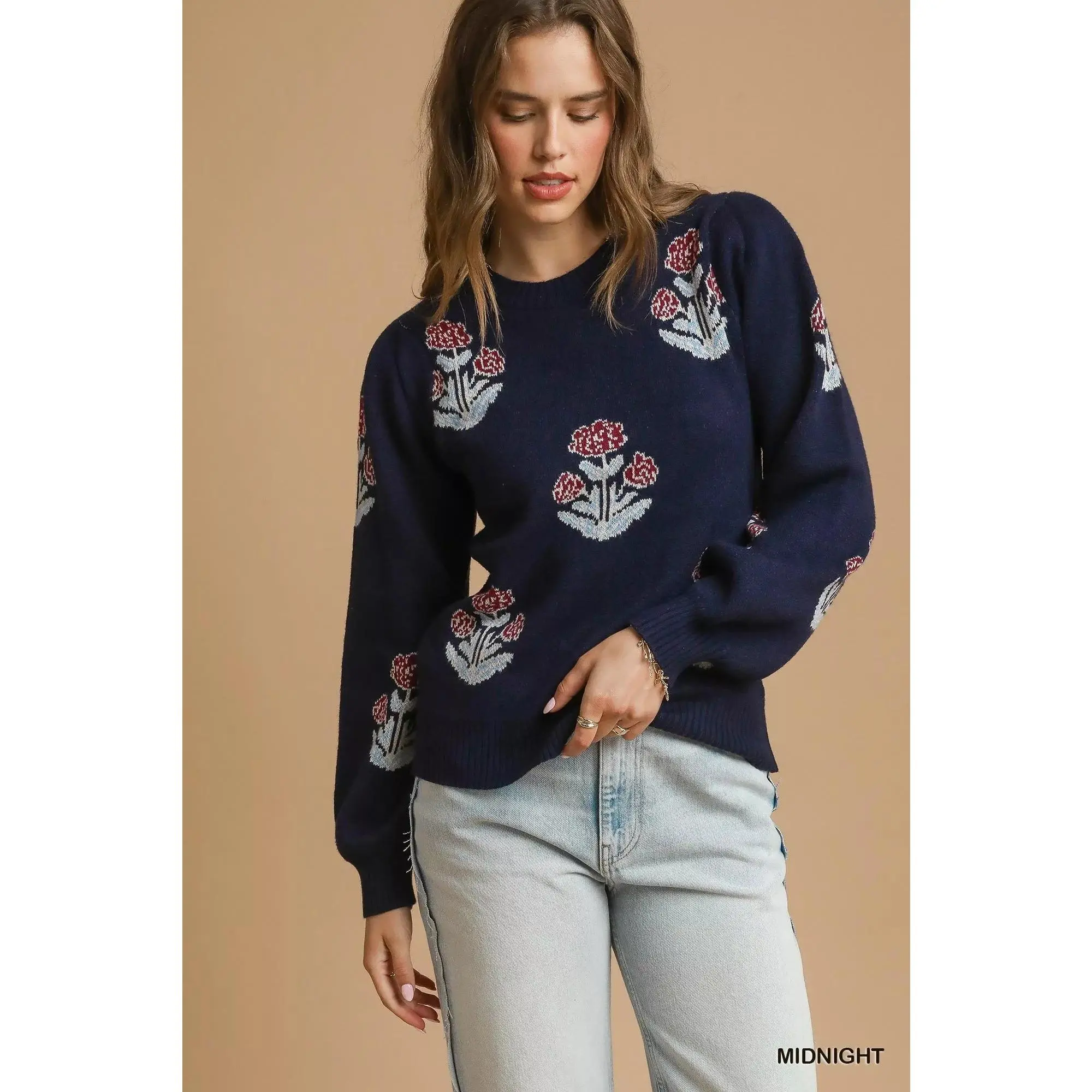 Umgee Floral Knit Sweater with Puff Sleeves