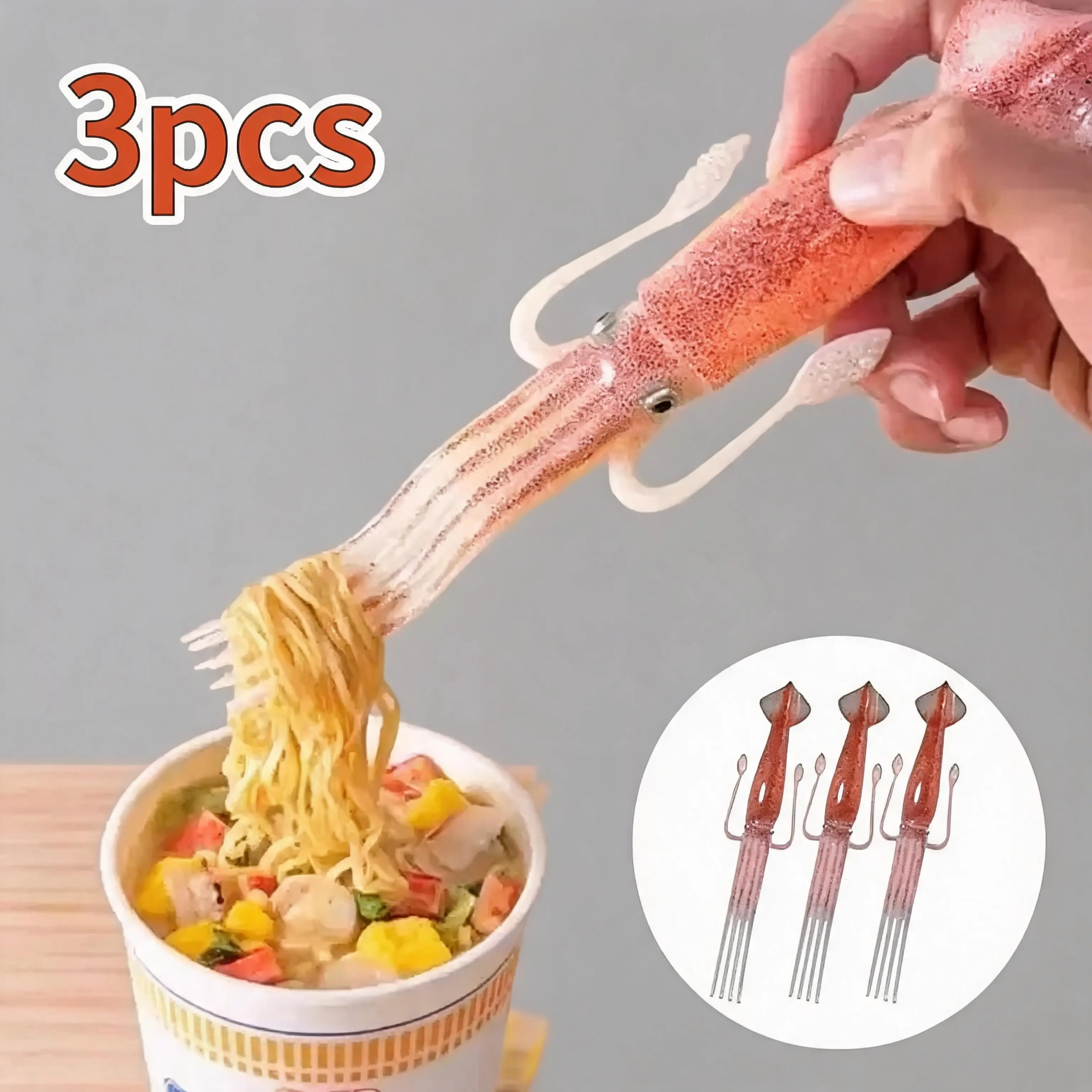 3pcs Heat Resistant Silicone Squid Shaped Noodle Forks, 3-In-1 Multifunctional Ramen Spaghetti Salad Kitchen Tool, Fun Adult Gift