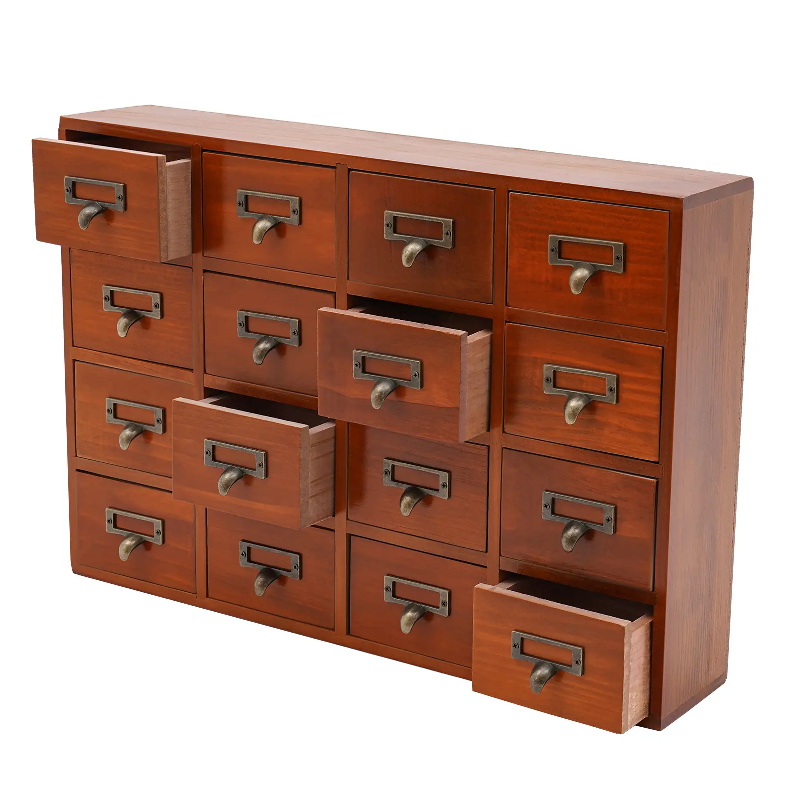 Vintage Wooden Drawer Storage Box, Brown Pine Wood Material, 16 Drawers, Desktop Organizer, Suitable for Cosmetics, Jewelry, Tea Leaves, Home and Office Use
