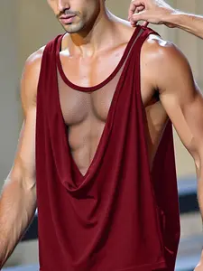 INCERUN Men's Fashion Sexy Tank, Sleeveless Mesh Patchwork Low Neck Vest, Casual Daily Wear