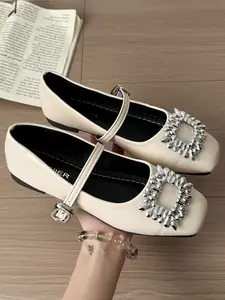 Women's Comfortable Ballet Flats, Square Toe Design, Ankle Strap, PU Leather Upper, Rubber Sole, Casual Style, All Seasons, Casual Trendy Flat