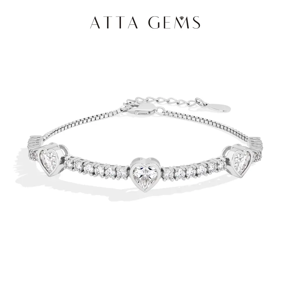 ATTAGEMS Women's 925 Sterling Silver Adjustable High Quality Heart Design Beautiful Bracelet - 1ct VVS1 Color Heart Cut Lab-Created Moissanite, Christmas Wedding Jewelry, B055 summerwins, Beautiful Bracelets, Heart Design Bracelet