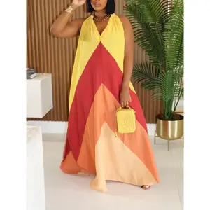 Summer sleeveless V-neck A-line loose aesthetic dress, color-blocked long dress, casual streetwear, party beach vacation GARMENTARY
