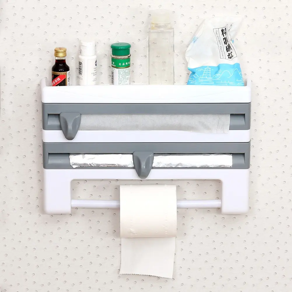 Durable Plastic Wall-Mounted Kitchen Organizer Rack with Built In Scissors And Foil Dispenser - Suitable for Parchment Paper, Foil, Baking Paper, Towels, And Rolls - a Home Storage Solution That Requires No Power, Kitchen Storage Shelf